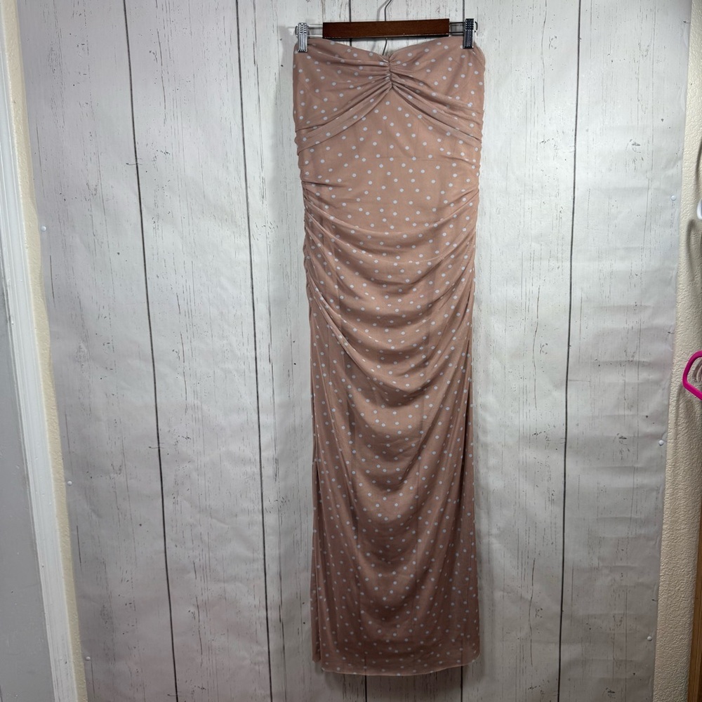 Zara Strapless Polka Dot Midi Dress Nude Beige Ruched Bodycon XL Neutral Classy - Picture 2 of 15